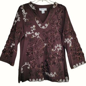 Lauren Michelle Tunic Top Women L Brown Embroidered Ribbon Roses Boho Fairy Y2K